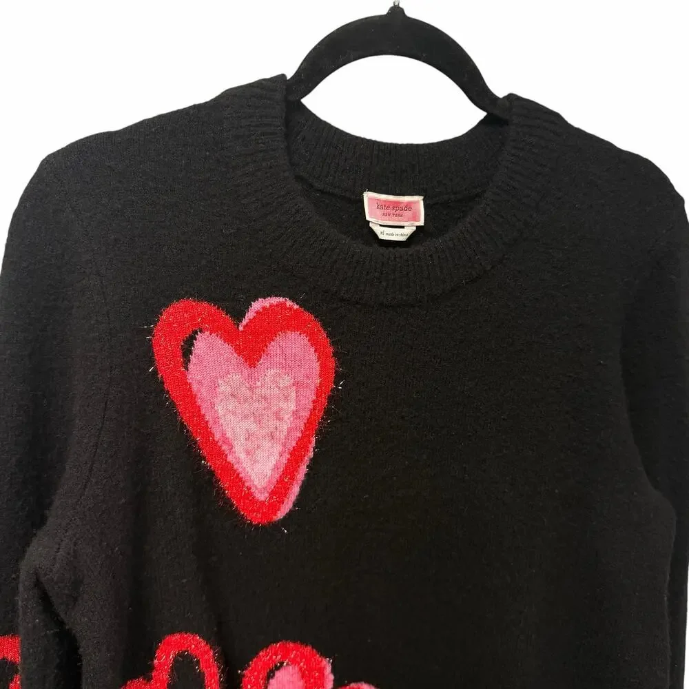 Kate Spade Overlapping Hearts Sweater Wool Blend Black Red Pink Womens XL